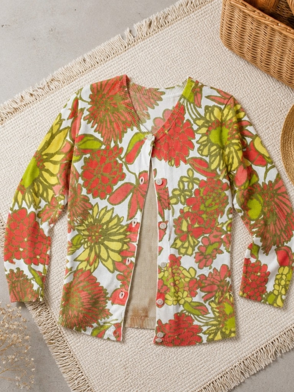 Trina Turk Floral Button-Front Cardigan in White, Green & Coral S